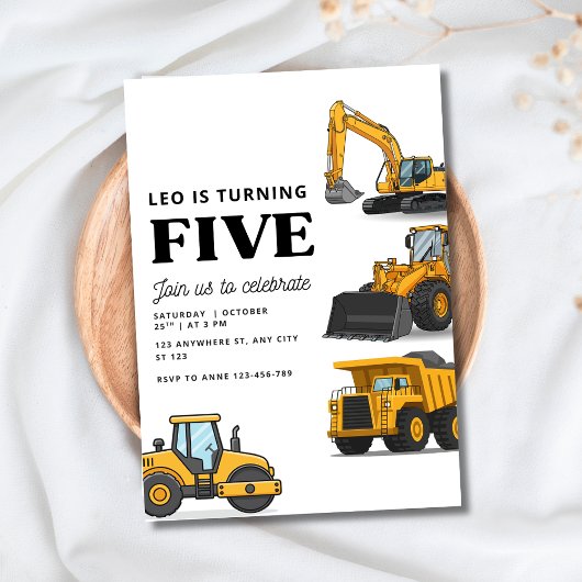 Invitation Véhicules de Construction Fête d'Anniversaire Cami