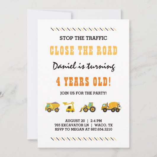 Invitation Véhicules de construction Garçon fête d'anniversai (Devant)