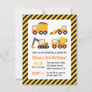 Invitation Véhicules de construction orange Fête d'anniversai