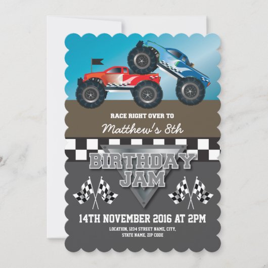 Invitation Véhicules de Monster Jam Racing pour Anniversaire (Devant)