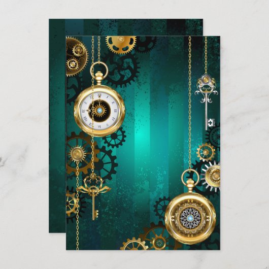Invitation Veille bijoux Steampunk sur un Arrière - plan vert (Devant / Derrière)