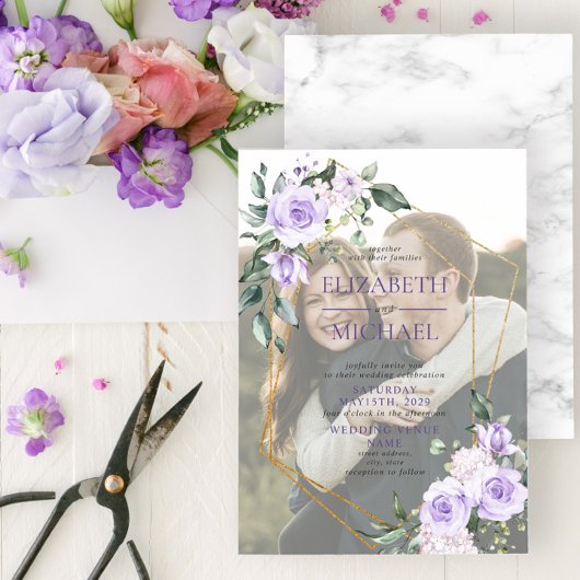 Invitation Vellum floral Lilac Géométrique Or Superposition