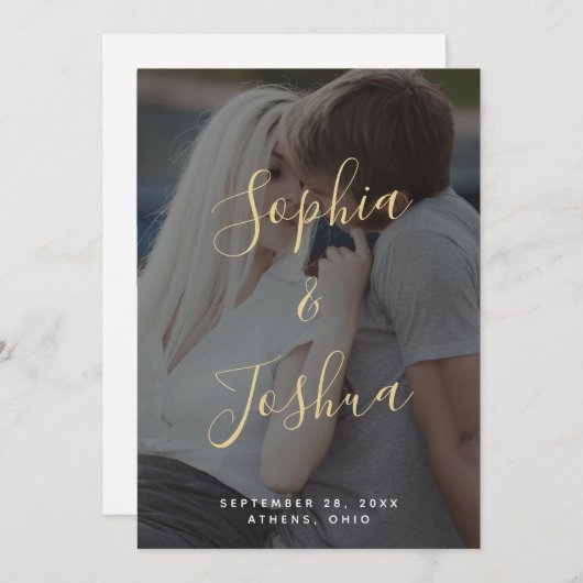 Invitation Vellum moderne Look Gold Script Photo Enregistrer  (Devant / Derrière)