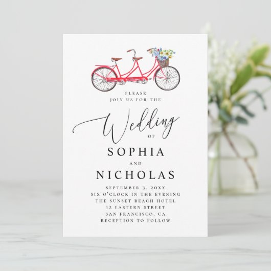 Invitation Vélo en tandem rétro. Mariage de script élégant (Debout devant)