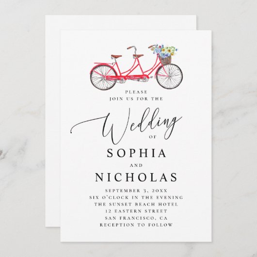 Invitation Vélo en tandem rétro. Mariage de script élégant (Devant / Derrière)
