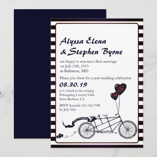 Invitation Vélo Tandem Romantique Réception de Mariage Post-C (Devant / Derrière)