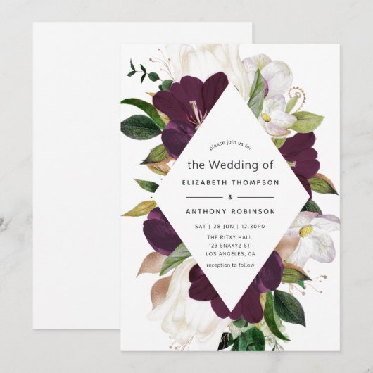 Invitation Velvet de Plum foncé et Mariage floral de printemp (Devant / Derrière)