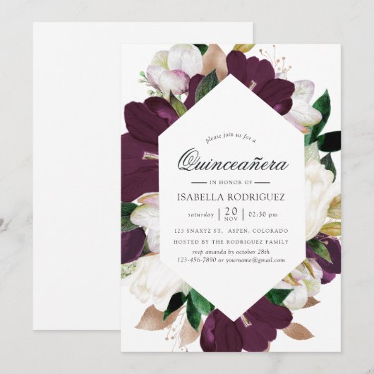 Invitation Velvet de Plum foncé et Quinceañera de fleurs blan (Devant / Derrière)