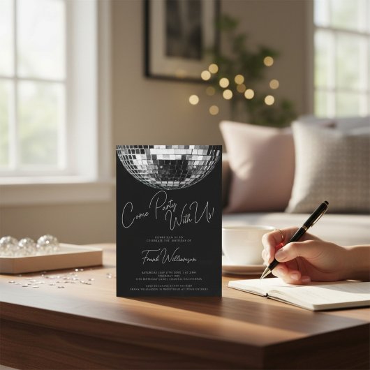 Invitation Venez fête noir moderne boule de disco anniversair