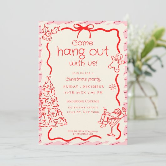 Invitation Venez passer la fête de Noël Whimsical Red Pink (Debout devant)