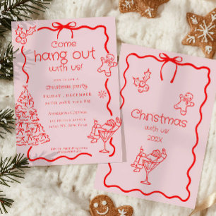Invitation Venez passer la fête de Noël Whimsical Red Pink