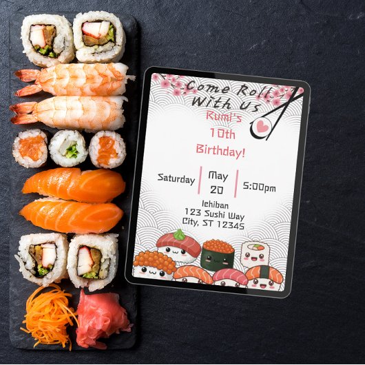 Invitation Venez Rouler avec nous Sushi anniversaire