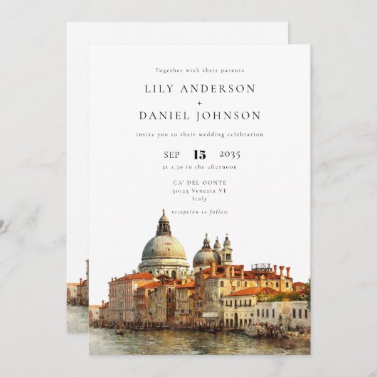 Invitation Venice Skyline Watercolor QR Code Wedding (Devant / Derrière)