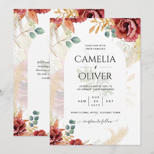 Invitation VENTE ! Boho Burgundy Gold Floral Country Grange F (Devant / Derrière)