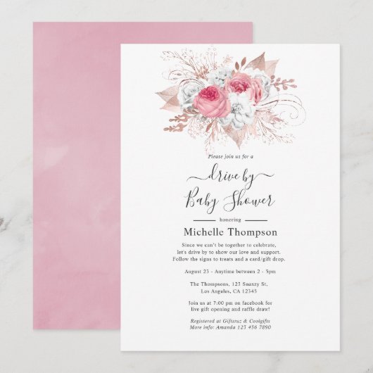 Invitation Ventilateur Floral Rose et Rose Or par douche (Devant / Derrière)