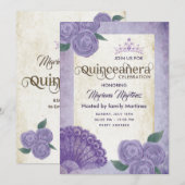 Invitation Ventilateur vintage chic violet roses tiara Quince (Devant / Derrière)