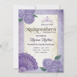 Invitation Ventilateur vintage chic violet roses tiara Quince