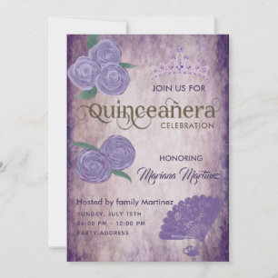 Invitation Ventilateur vintage chic violet roses tiara Quince
