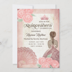 Invitation Ventilateur vintage rose vif roses tiara Quince