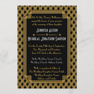 Invitation Ventilateurs Art déco Black Faux Gold Mariage Moti