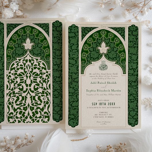 Invitation Verdant Emerald Elegance Mariage de dentelle islam