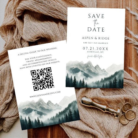 Invitation Verdant Peaks Misty Forest Save the Date QR Code