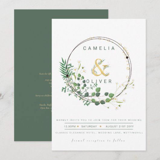 Invitation Verdure All-in1 Verte Wreath QR Code Mariage (Devant / Derrière)
