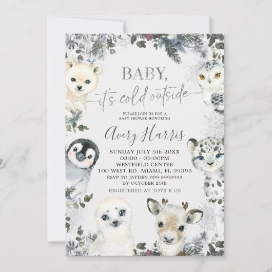 Invitation Verdure Animaux arctiques Baby shower d'hiver Invi (Devant)