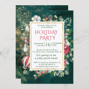 Invitation Verdure aquarelle, baubles de Noël, eucalyptus