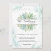 Invitation Verdure, Aquarelle Bleu et Vert Mariage (Devant)