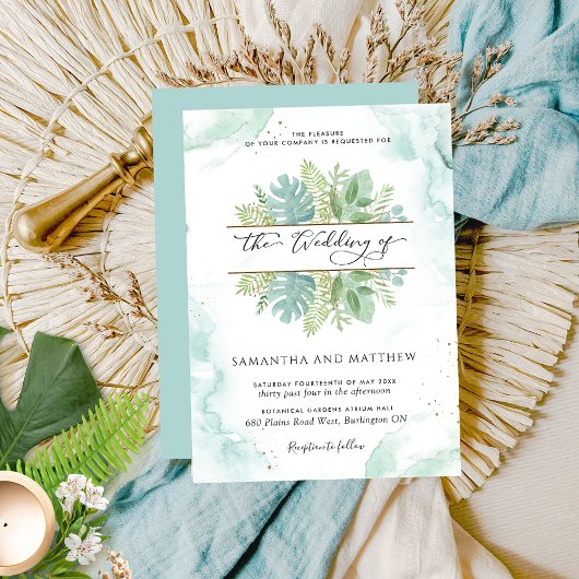 Invitation Verdure, Aquarelle Bleu et Vert Mariage