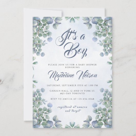 Invitation Verdure Aquarelle Bleue C'est un Baby shower garço (Devant)