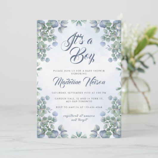 Invitation Verdure Aquarelle Bleue C'est un Baby shower garço (Debout devant)