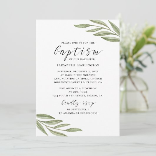 Invitation Verdure aquarelle feuillage. Baptême de script flo (Debout devant)