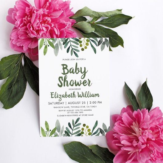 Invitation Verdure Aquarelle Feuille Baby shower botanique