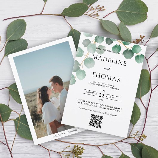 Invitation Verdure Aquarelle Feuille Photo Qr Code Mariage