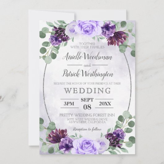 Invitation Verdure Aquarelle Florale Purple Mariage élégant (Devant)
