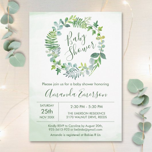 Invitation Verdure Aquarelle Foliage Baby shower botanique