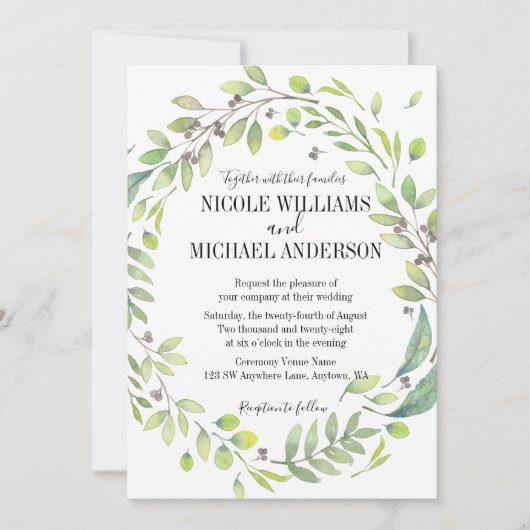 Invitation Verdure Aquarelle rustique WREATH MARIAGE de feuil (Devant)