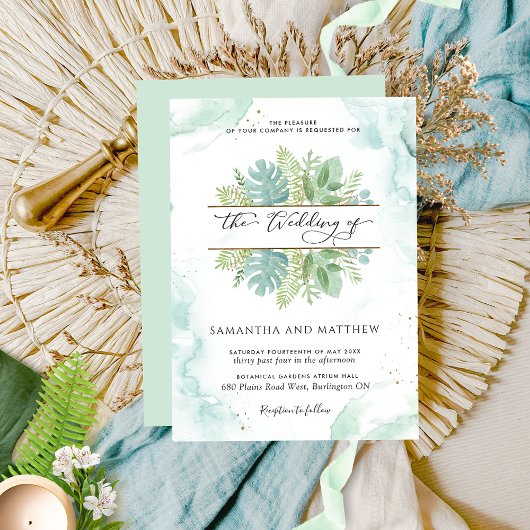 Invitation Verdure, Aquarelle Vert et Bleu Mariage