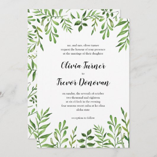 Invitation Verdure Aquarelle Vert Jardin botanique Feuille (Devant / Derrière)