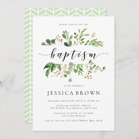 Invitation Verdure Baptême aquarelle Baptême (Devant / Derrière)