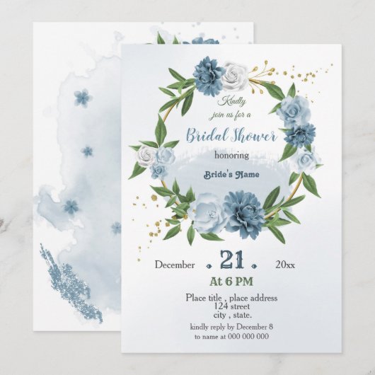 Invitation verdure bleue couronnes botaniques douche nuptiale (Devant / Derrière)