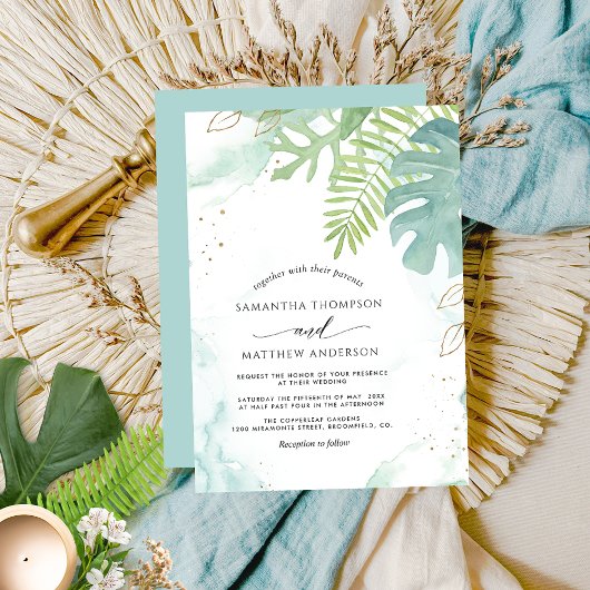 Invitation Verdure botanique, Aqua Mariage d'aquarelle bleu