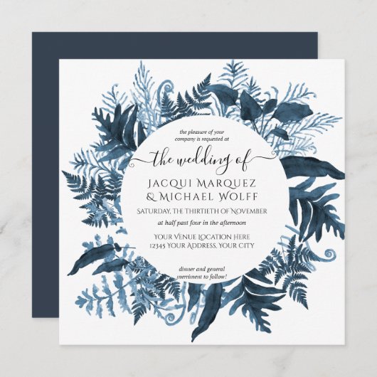 Invitation Verdure botanique bleue Vintage Aquarelle Wreath (Devant / Derrière)