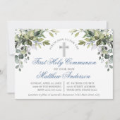 Invitation Verdure botanique Dusty Bleu Première Communion (Devant)
