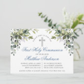 Invitation Verdure botanique Dusty Bleu Première Communion (Debout devant)