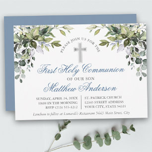 Invitation Verdure botanique Dusty Bleu Première Communion