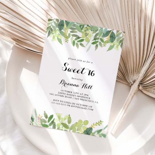 Invitation Verdure Botanique Feuillage doux 16 Anniversaire F