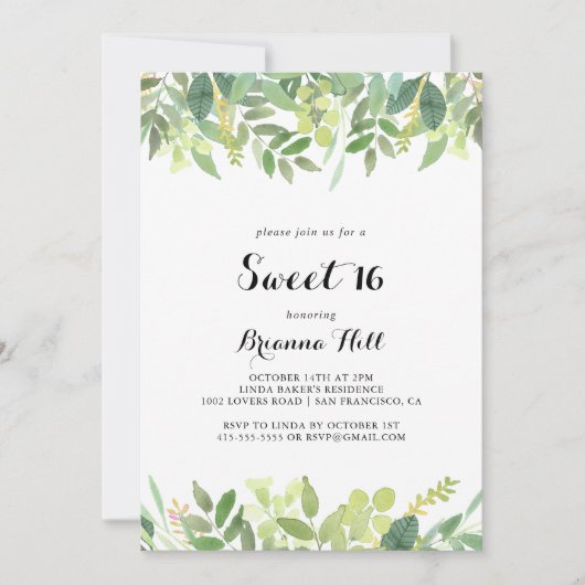 Invitation Verdure Botanique Feuillage doux 16 Anniversaire F (Devant)